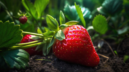 Strawberry growing in the garden on a sunny summer day.の素材