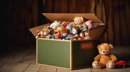 Box with toys on a wooden background. Selective focus. Holiday.の素材