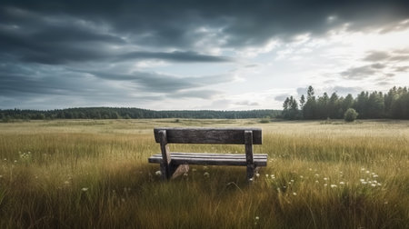 Bench in the meadow at sunset. Panoramic image.の素材