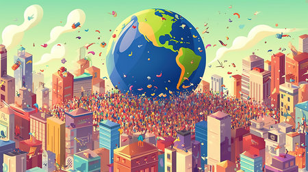 Planet Earth with crowd of people in the city. Vector illustration.の素材