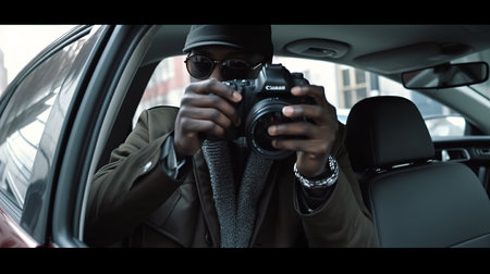 Handsome African American man taking photos with a camera while driving a carの素材