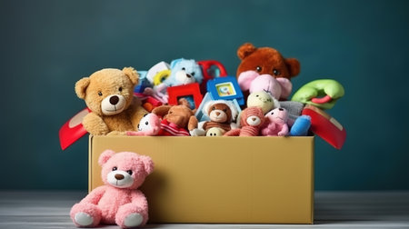 Cute teddy bears in cardboard box on table against color backgroundの素材