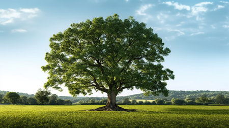 Old oak tree in a field with green grass and blue sky.の素材