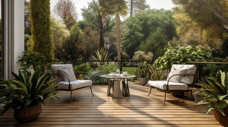 3d rendering of terrace with sofa and chair in the gardenの素材