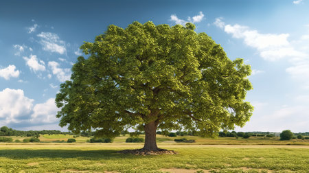 Big oak tree in the meadow with green grass and blue skyの素材