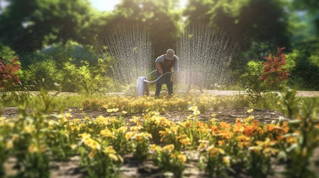 Couple watering flowers in the garden. Gardening and planting conceptの素材