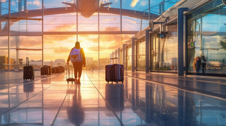 Woman with a suitcase in the airport at sunset. Travel concept.の素材