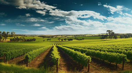 panoramic view of vineyard in South Australia with blue skyの素材