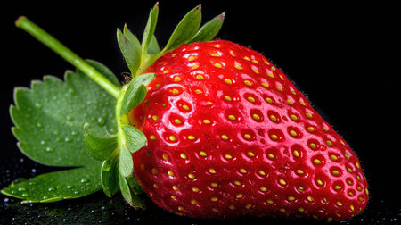 Strawberry on a black background with water drops close-upの素材