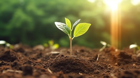 Green seedling growing from seed on blurred nature background, Ecology conceptの素材