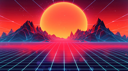 Retro 80s style landscape with mountains and sun. Retro 80s background.の素材