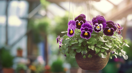Beautiful pansy flowers in pot on blurred background, vintage toneの素材