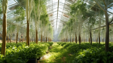 Greenhouse with rows of young plants growing in a glasshouse.の素材