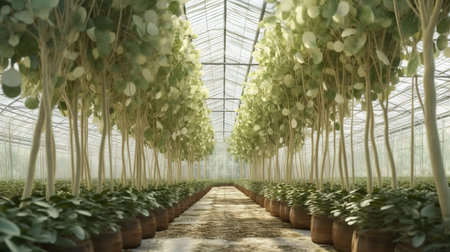 3d rendering of a row of green trees in a glasshouseの素材
