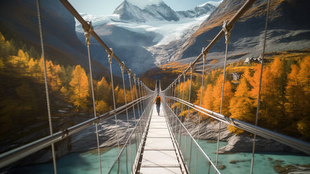 Hiking in the Swiss Alps. Man walking on the suspension bridge over the river.の素材