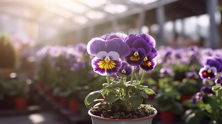 Beautiful purple pansy flowers in a pot in a greenhouse.の素材