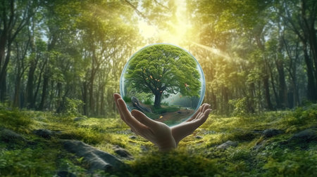 Conceptual image of human hand holding glass sphere with tree insideの素材