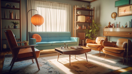 Interior of a living room with a blue sofa and a coffee tableの素材