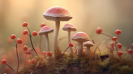 Mushrooms in the autumn forest, close-up macro photographyの素材