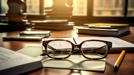 Glasses on the desk with books and pencil. Education concept.の素材