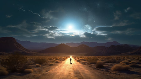 Woman walking on a desert road in the moonlight. 3d renderingの素材