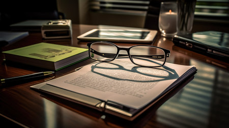 Glasses and book on the desk in office, business concept.の素材