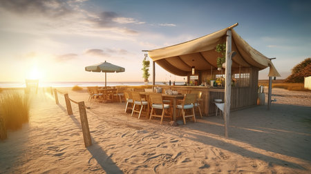 Restaurant on the beach at sunset. 3d render.の素材
