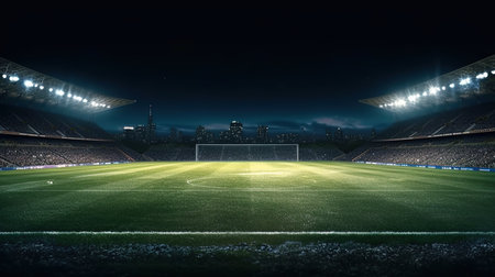 Soccer stadium at night with lights and flashes 3d render illustrationの素材