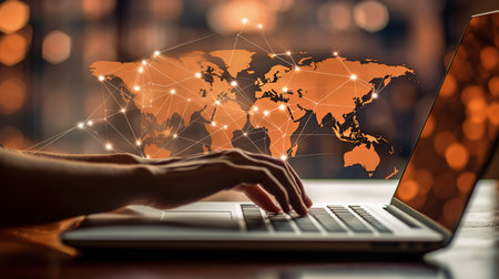 Close up of hands using laptop with world map on the screen.の素材