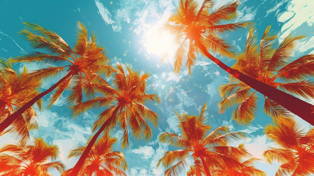 Tropical palm trees on blue sky background. Summer vacation and travel concept. Vintage tone filter effect color style.の素材