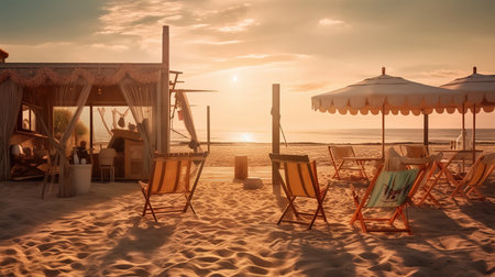 Beach chairs and umbrella on the beach at sunset time. Vintage tone.の素材