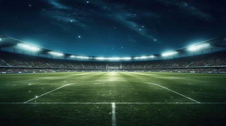 Soccer stadium at night with lights. 3d render illustration.の素材