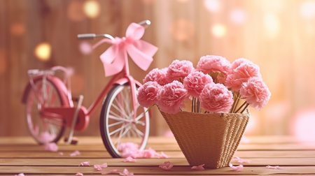 Bouquet of pink carnation flowers in basket and bicycle on wooden table.の素材