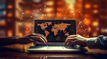 Global network connection concept with world map on laptop screen. Mixed mediaの素材