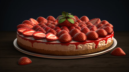 Cheesecake with strawberries on a wooden table. 3d renderingの素材
