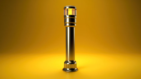 3d rendering of a metal torch on a yellow background with reflectionの素材