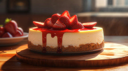 Delicious strawberry cheesecake on wooden board, closeup. Delicious dessertの素材