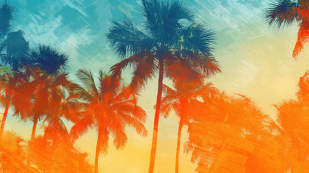 Tropical palm trees silhouettes on colorful background, tonedの素材