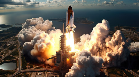 Space rocket taking off from the ground. 3D Rendering.の素材