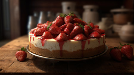 Strawberry cheesecake on a wooden table, selective focus.の素材