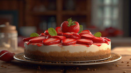 Delicious strawberry cheesecake on wooden table, closeup. Delicious dessertの素材