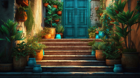 3d render of the entrance to the house with plants in potsの素材