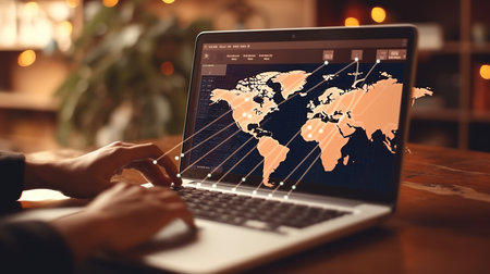 Businessman using laptop with world map on screen. Business and technology concept.の素材