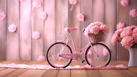 Bicycle with basket of flowers on wooden background. Valentine's Dayの素材