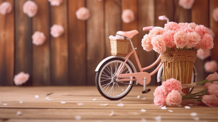 Bouquet of pink flowers in basket and bicycle on wooden backgroundの素材