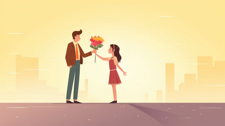 Man giving flowers to his girlfriend on the street. Vector illustration.の素材