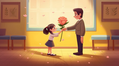 Father gives a flower to his daughter. Vector illustration in cartoon style.の素材