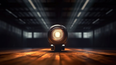 3d rendering of a projector on a wooden floor in a dark roomの素材