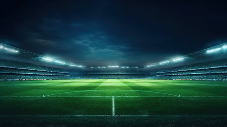 Soccer stadium at night with lights and spotlights 3D renderingの素材