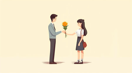 Man giving a bouquet of flowers to his girlfriend. Vector illustrationの素材